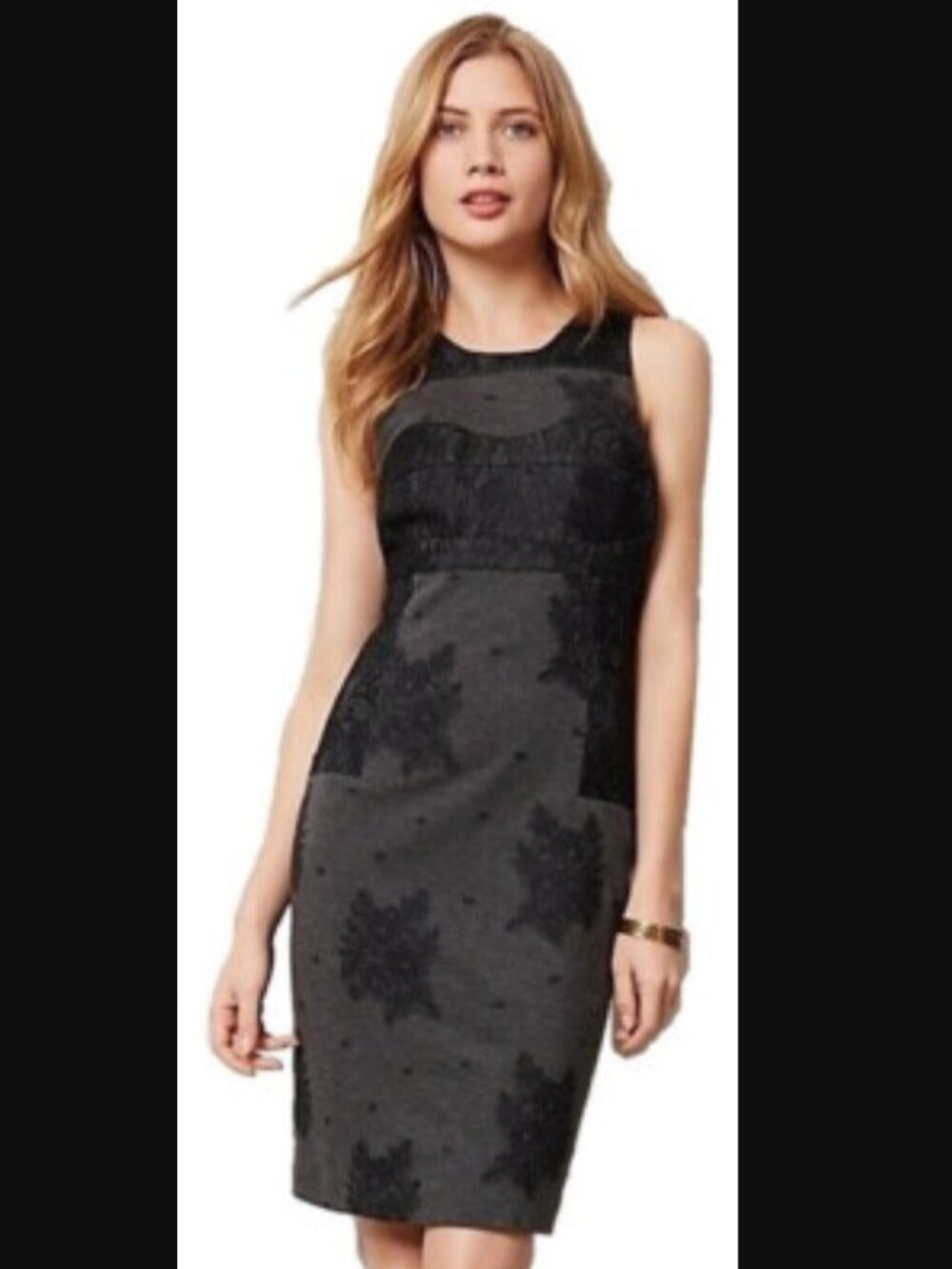 Anthropologie Maeve Gray Black Lace Accent Flocked Sheath Dress (M)